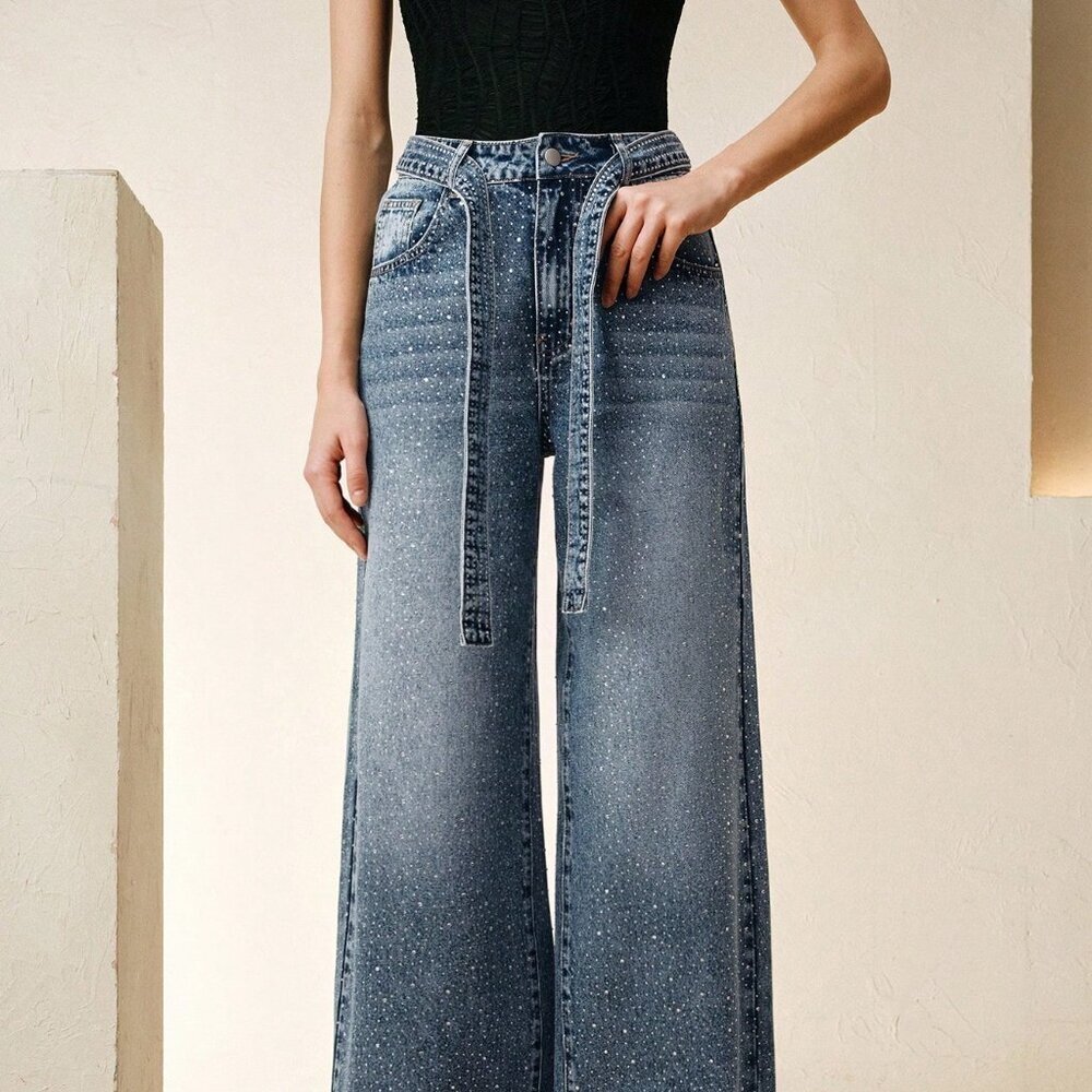 Blue Party Women's Rhinestone Straight Leg Baggy Denim Jeans - Picture 7 of 7